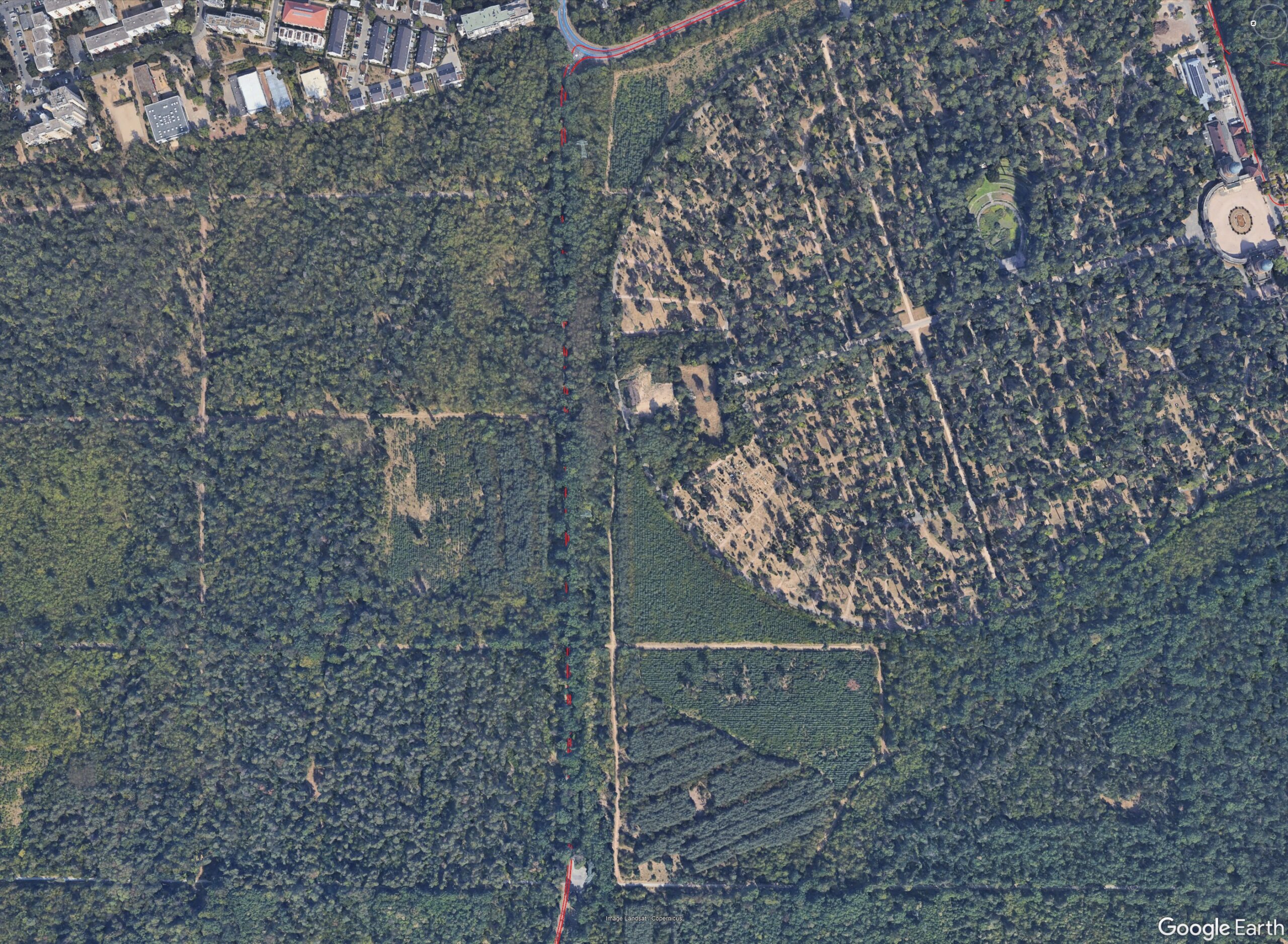 Dense forest canopy above a road with GNSS signal paths illustrated