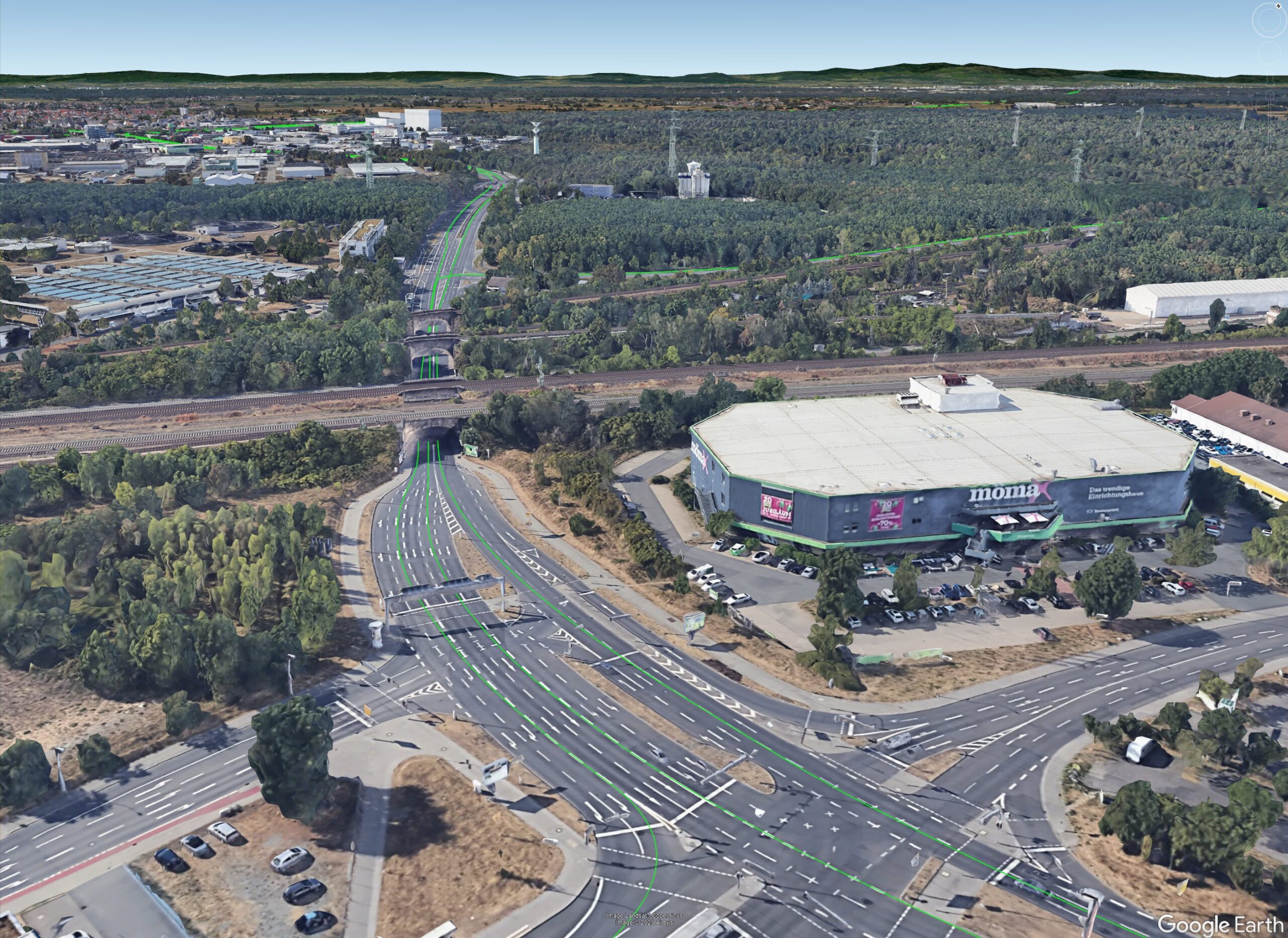 Vehicle approaching an underpass during test drive
