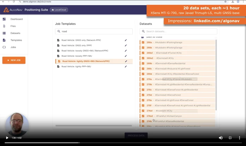 AlgoNav Cloud batch operations: job templates and dataset list for mass re-processing