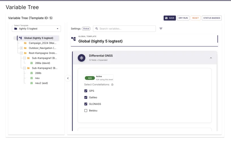 AlgoNav Cloud variable tree: hierarchical campaign, sub-campaign and dataset settings structure