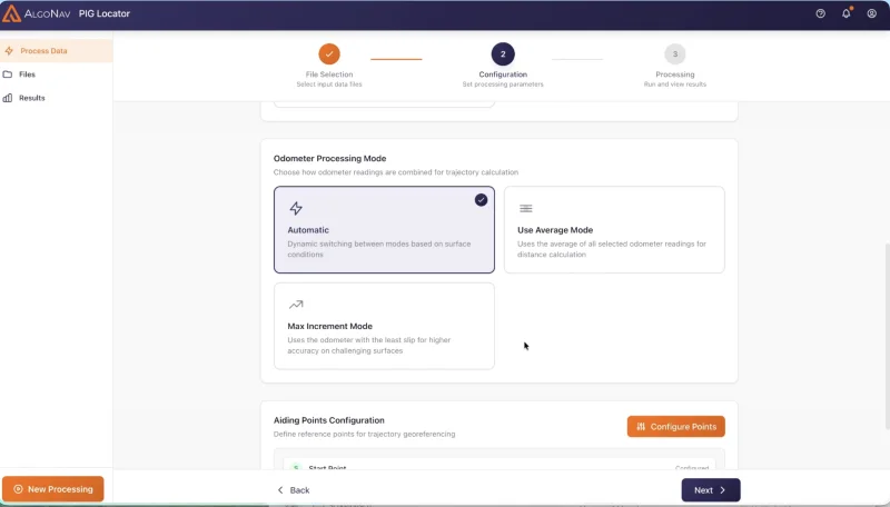AlgoNav Cloud wizard: step-by-step configuration UI for single dataset processing